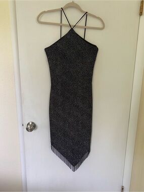 Vintage Cache Dress Y2K Black Beaded  Dress Halter Fringe Cocktail Size XS/S